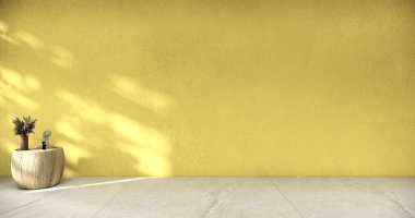 İç dizayn üzerine sarı minder koltuk modern oturma odası 3D tasarımı.