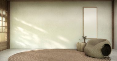 Oturma odası konsepti. Beyaz zemindeki boş oda ahşap kaplama duvarı. 3B illüstrasyon oluşturma