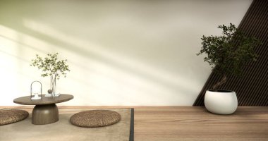 Japon tarzında düşük masa ve dekorasyon çok az. 3B görüntüleme