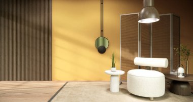 Modern oda iç mimarisi wabisabi stil 3D 'de oturma odası Japon yapımı.