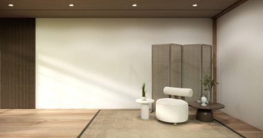 Modern oda iç mimarisi wabisabi stil 3D 'de oturma odası Japon yapımı.