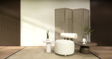 Modern oda iç mimarisi wabisabi stil 3D 'de oturma odası Japon yapımı.