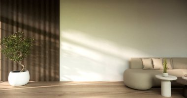 Modern oda iç mimarisi wabisabi stil 3D 'de oturma odası Japon yapımı.