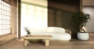 Modern oda iç mimarisi wabisabi stil 3D 'de oturma odası Japon yapımı.