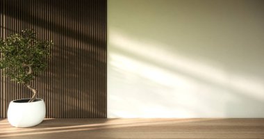 Mimari ve iç mekan kavramı. Boş oda ve ahşap paneller. Arka plan 3 boyutlu resimleme.