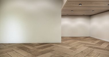 Muji stili, boş ahşap oda. Beyaz oda, ahşap zemin, 3 boyutlu.