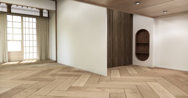 Muji stili, boş ahşap oda. Beyaz oda, ahşap zemin, 3 boyutlu.