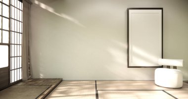 Modern oda iç mekanı wabisabi stil 3D yapımı koltuk ve dekorasyon japoncası.