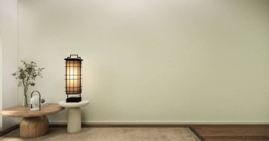 Muji stili, boş ahşap oda. Beyaz oda, ahşap zemin, 3 boyutlu.