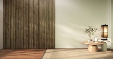 Muji stili, boş ahşap oda. Beyaz oda, ahşap zemin, 3 boyutlu.