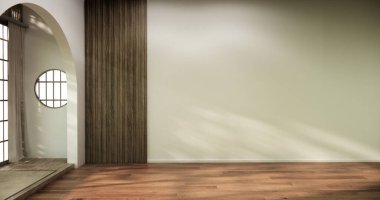 Muji stili, boş ahşap oda. Beyaz oda, ahşap zemin, 3 boyutlu.