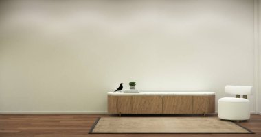 İç tasarım boş oda Japon dizaynında bir koltuğu var, 3 boyutlu.