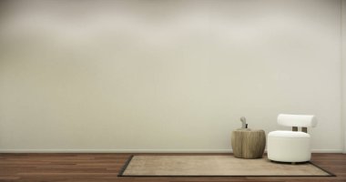 İç tasarım boş oda Japon dizaynında bir koltuğu var, 3 boyutlu.