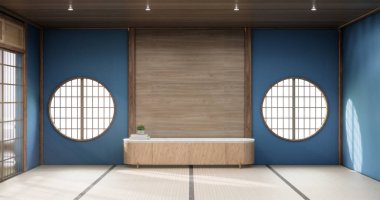 Tokonoma duvar tasarımı mavi oturma odası iç temizlik odası Japon usulü. 3B görüntüleme