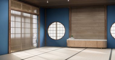 Tokonoma duvar tasarımı mavi oturma odası iç temizlik odası Japon usulü. 3B görüntüleme