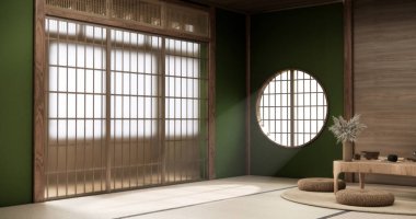 Yeşil oda Japon tarzında düşük masa ve dekorasyon muji minimumu. 3B görüntüleme