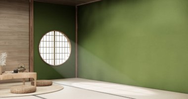 Yeşil oda Japon tarzında düşük masa ve dekorasyon muji minimumu. 3B görüntüleme