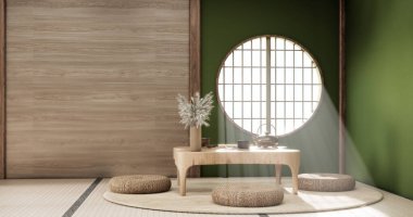Yeşil oda Japon tarzında düşük masa ve dekorasyon muji minimumu. 3B görüntüleme