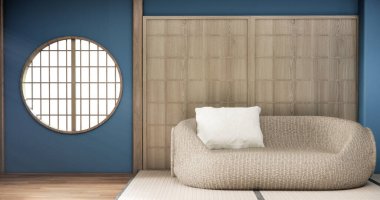 Mavi duvarlı oturma odası iç tasarımı mini kanepe modern ve dekorasyonlu. 3B görüntüleme