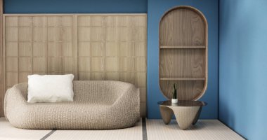 Mavi duvarlı oturma odası iç tasarımı mini kanepe modern ve dekorasyonlu. 3B görüntüleme