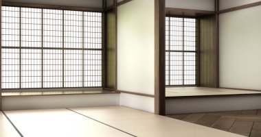 Nihon oda tasarımı, kapı kağıdı ve tatami paspas odası japon tarzı. 3B görüntüleme
