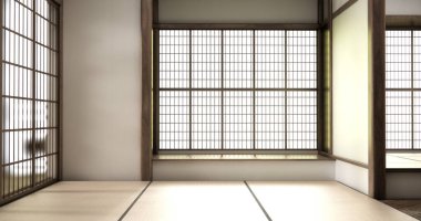 Nihon oda tasarımı, kapı kağıdı ve tatami paspas odası japon tarzı. 3B görüntüleme