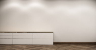 Boş Oturma odasını düzenle, ahşap detaylar içeren minimal biçim 3B resimleme