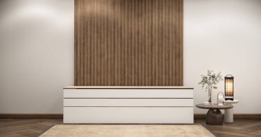 Boş Oturma odasını düzenle, ahşap detaylar içeren minimal biçim 3B resimleme