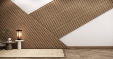 Boş Oturma odasını düzenle, ahşap detaylar içeren minimal biçim 3B resimleme