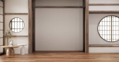 Boş Oturma odasını düzenle, ahşap detaylar içeren minimal biçim 3B resimleme