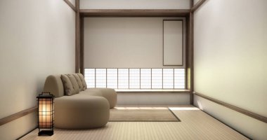 Tatami oturma odasında kanepe mobilyası ve modern oda iç tasarımı 3D minimal.3D
