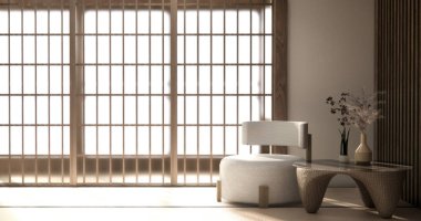 Tatami oturma odasında kanepe mobilyası ve modern oda iç tasarımı 3D minimal.3D
