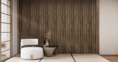 Tatami oturma odasında kanepe mobilyası ve modern oda iç tasarımı 3D minimal.3D