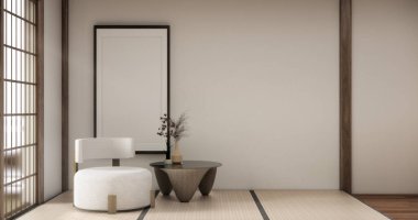Tatami oturma odasında kanepe mobilyası ve modern oda iç tasarımı 3D minimal.3D