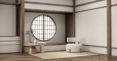 Oturma odasının raf duvarı tasarımcısı, temiz oda ahşap Japon minimalist oda iç mimarisi, 3D tasarım.