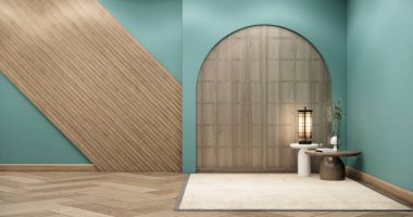 Naneyi Boş Biçimlendirme Salonu, ahşap detaylar arka plan 3B resimleme ile en az biçim