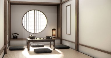 Japon tarzında düşük masa ve dekorasyon çok az. 3B görüntüleme