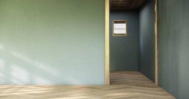 Koyu mavi oda Zen tarzı ve dekorasyon ahşap tasarım, toprak tonu3D