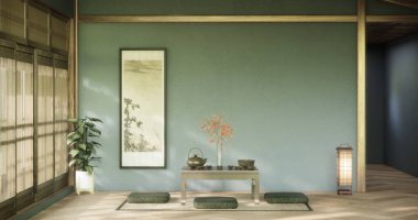 Alçak tablolu ve yastıklı modern Japonya tarzı 3D tasarım.