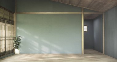 Koyu mavi oda Zen tarzı ve dekorasyon ahşap tasarım, toprak tonu3D