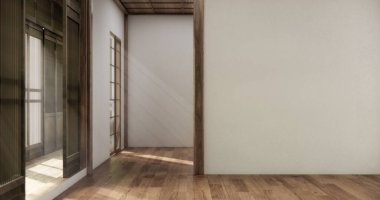 Boş Oturma odasını düzenle, ahşap detaylar içeren minimal biçim 3B resimleme