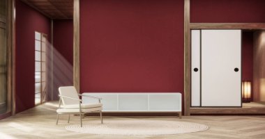 Viva morumsu oturma odası, kırmızı duvar ve koltuk japandi tarzı 3D.