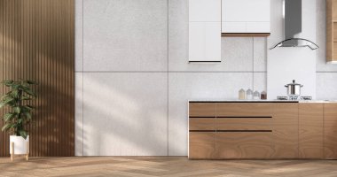 ahşap fayans mutfak tezgahı ile mutfak odası iç. 3d render