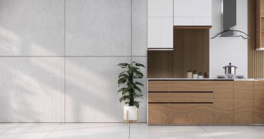 ahşap fayans mutfak tezgahı ile mutfak odası iç. 3d render