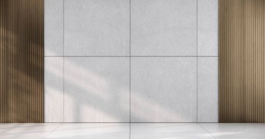 Döşeme döşemelerindeki boş oda ahşap kaplama duvarını düzenle. 3B illüstrasyon oluşturma