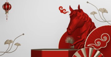 At Yılı, Çin Kırmızı ve Beyaz Podyumu, minimum kırmızı geometrik tasarım 3D