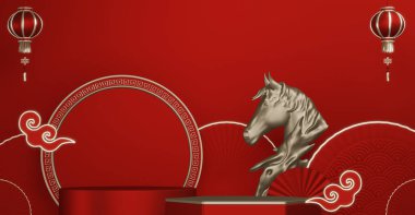 At Yılı, Kırmızı Podyum, minimum kırmızı geometrik tasarım 3D