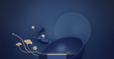 At Yılı, Çin Mavisi ve Altın Podyumu, minimum mavi geometrik tasarım 3D