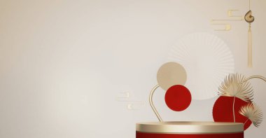 Mutlu Çin Yeni Yılı 2026. Kırmızı renk arka plan 3D görüntüleme Çin 'in gösteri ürünü ve dekorasyonu için daire podyumu.