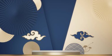 At Yılı, Çin Mavisi ve Altın Podyumu, minimum mavi geometrik tasarım 3D